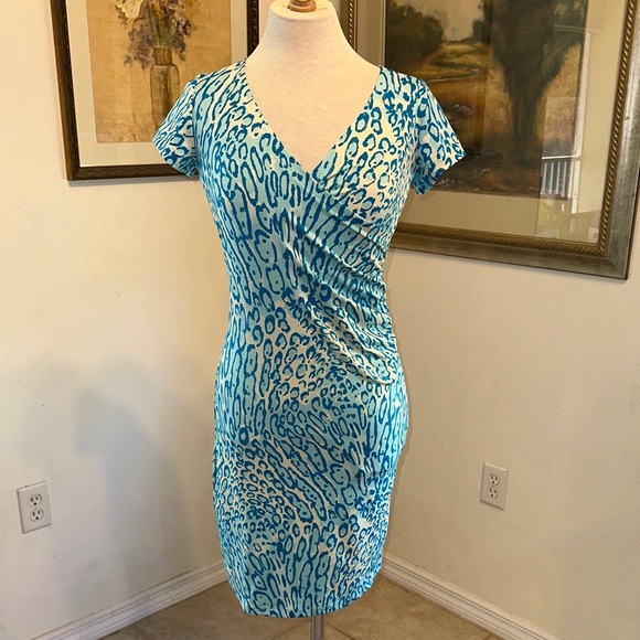 JB by JULIE BROWN NYC Blue/White Leopard Print V-Neck Dress Size Small - Picture 4 of 11